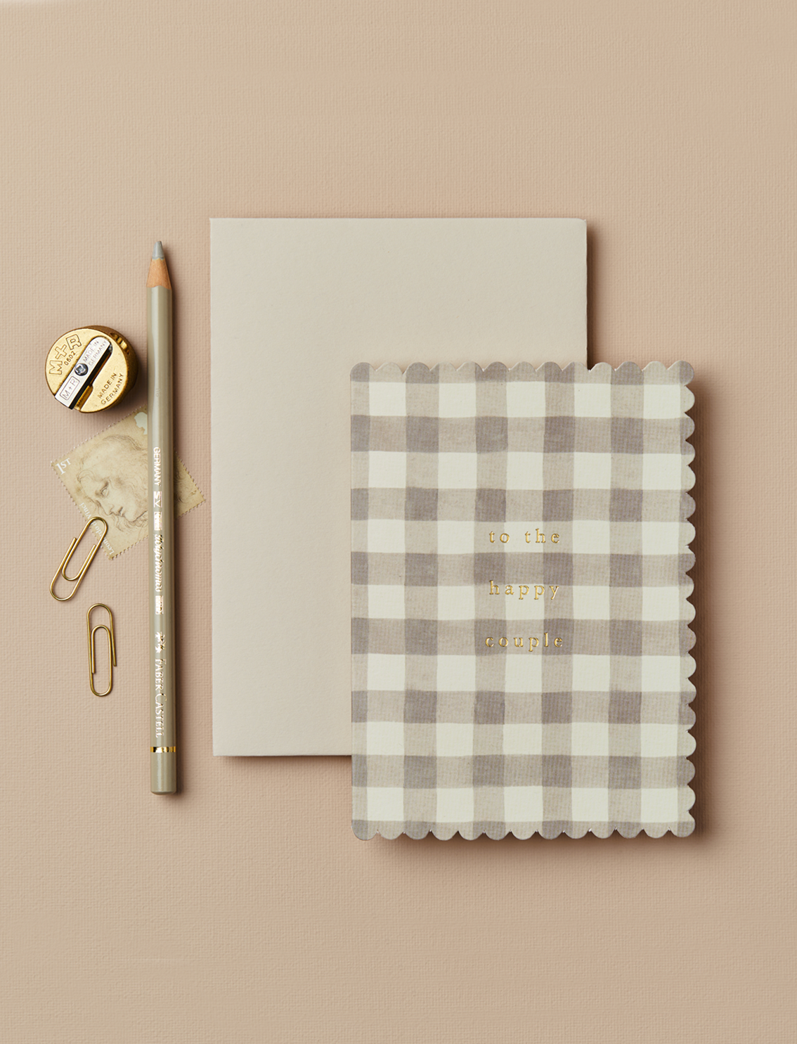 כרטיס ברכה Taupe Gingham 'To The Happy Couple'